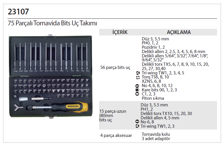 Proxxon 23107 Tornavida Bits Uç Takımı (75 Parça) fiyat en ucuz