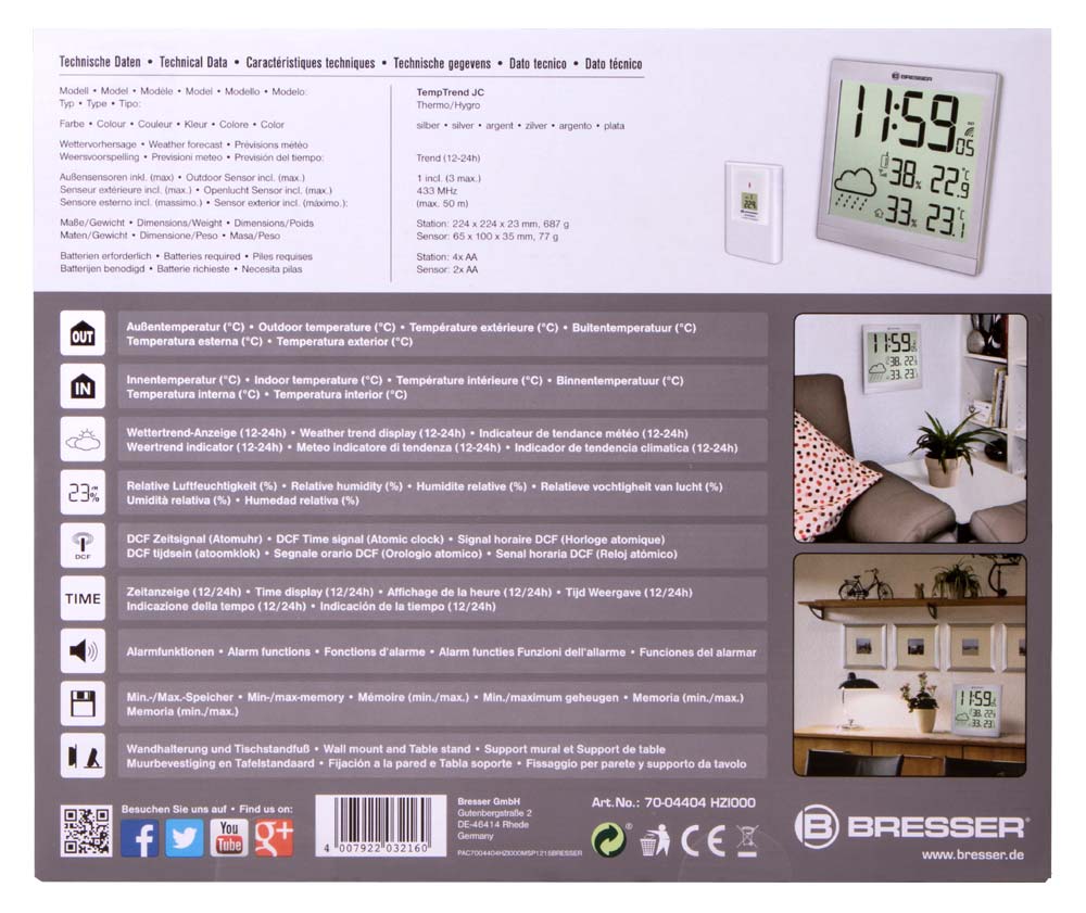 Bresser TemeoTrend JC LCD RC Weather Station (Wall clock), silver