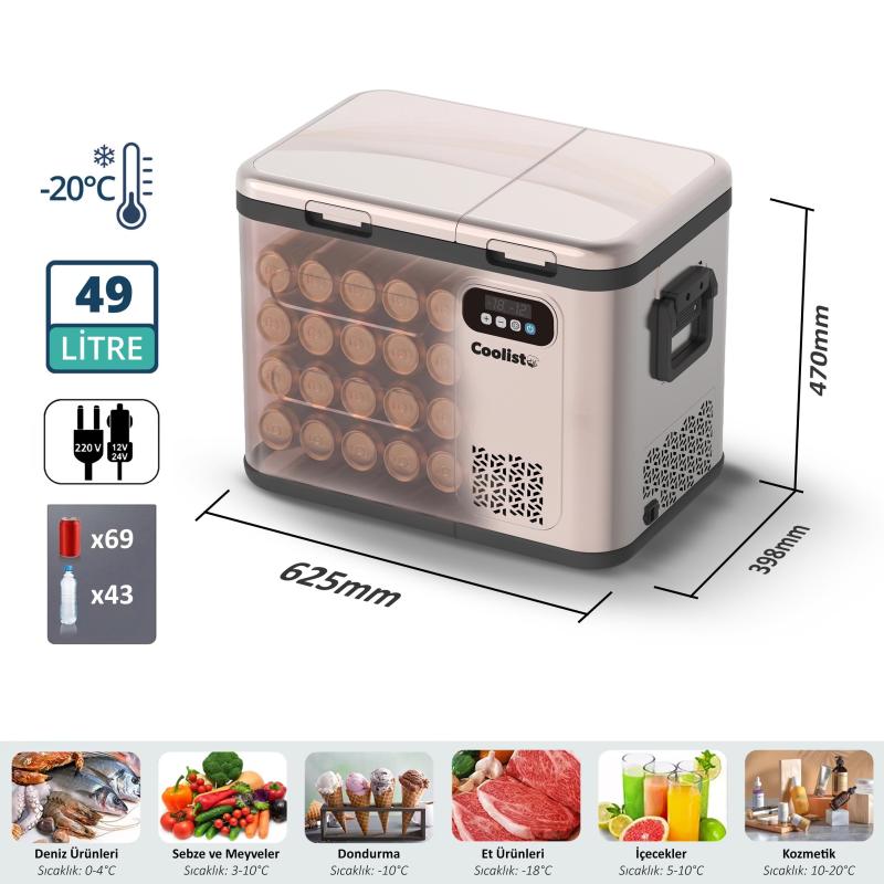 Coolist CLK50D 12/24V/220Volt 49 Litre Çift Bölmeli Outdoor Kompresörlü Bluetooth Bağlantılı Oto Buzdolabı