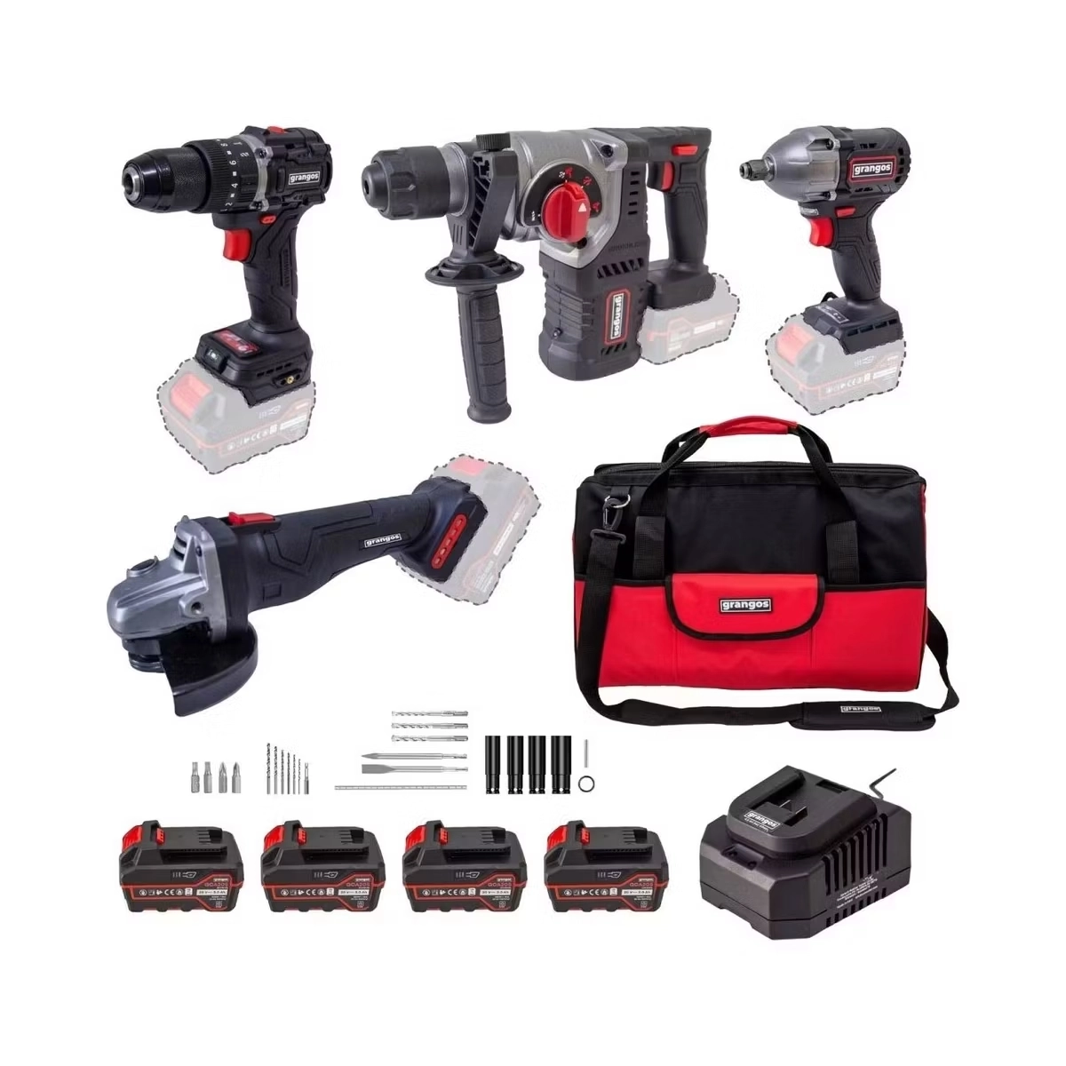 Grangos GCKIT204-F4 20V Kömürsüz Akülü Set – Darbeli Matkap, Somun Sıkma, Avuç Taşlama, Kırıcı Delici – 4×5.0Ah Akü, Hızlı Şarj, Çanta, Aksesuar Hediyeli