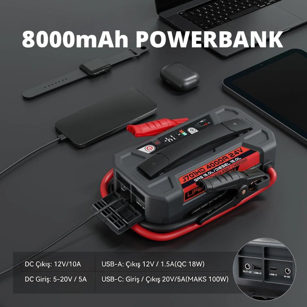 Lokithor J701HD 24V 4000Amp Li-Polimer Akıllı Akü Takviye + Powerbank + Led Lamba