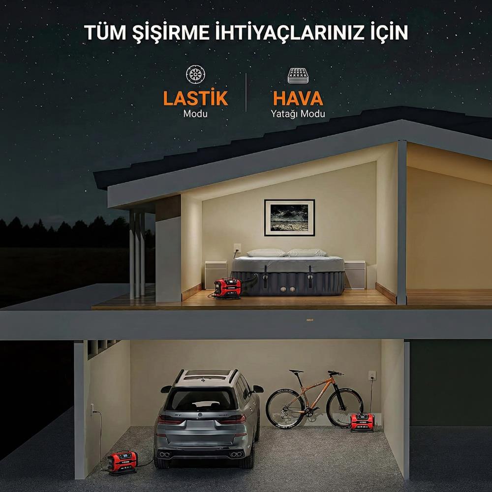 KOBB KB301 12Volt 220Volt 150 PSI Ayarlanabilir Dijital Basınç Göstergeli Lastik ve Yatak Şişirme Pompası