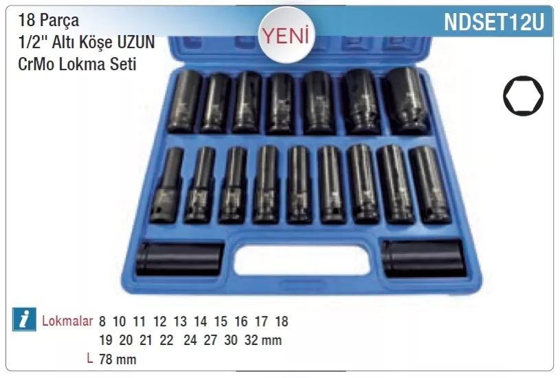 Nttools NDSET12U 18 Parça 1/2’’ Altı Köşe Uzun CrMo Lokma Seti