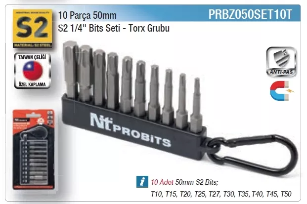 Nttools PRBZ050SET10T 10 Parça 50mm 1/4’’ S2 Bits Seti