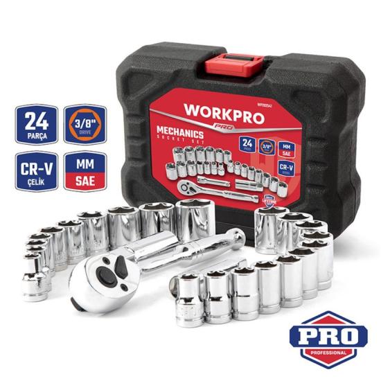 WORKPRO WP202541 3/8’’ CR-V 24 Parça Metrik/İnç Ağır Hizmet Lokma Takımı