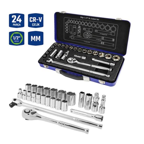 WORKPRO WP202564 1/2’’ Cr-V 24 Parça Metrik Ağır Hizmet Lokma Takımı