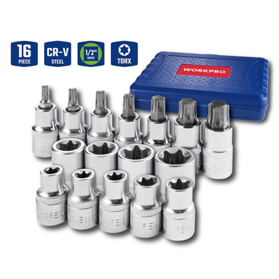 WORKPRO WP202596 1/2’’ CR-V 16 Parça Ağır Hizmet Torx Lokma Soketi / Ucu