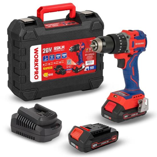 WORKPRO WP390019 20Volt 2.0Ah Li-ion 65Nm. Çift Akülü Kömürsüz Profesyonel Şarjlı Darbeli Matkap