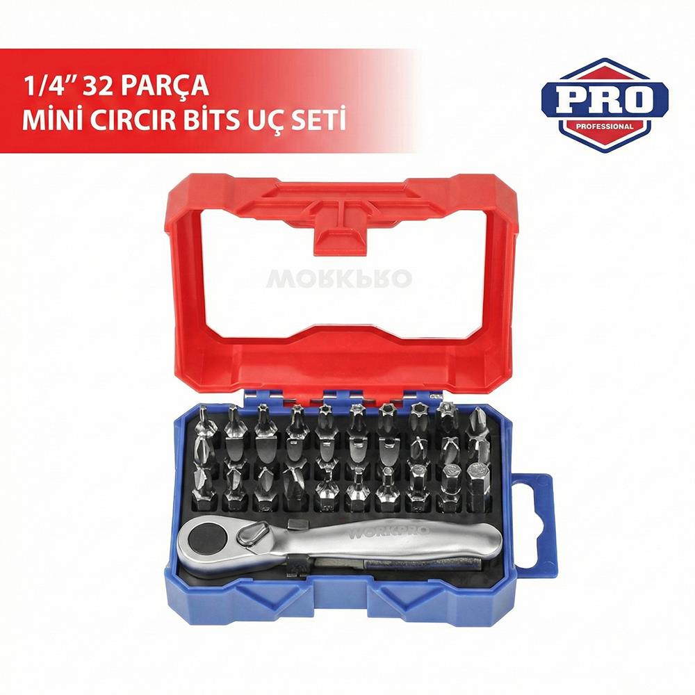 WORKPRO WP200534 32 Parça 1/4’’ Profesyonel Mini Cırcır Lokma Kollu Bits Vidalama Seti