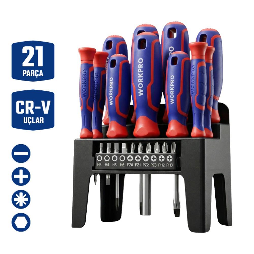 WORKPRO WP200551 21 Parça CR-V Duvar Askı Aparatlı Profesyonel Manyetik Tornavida Seti