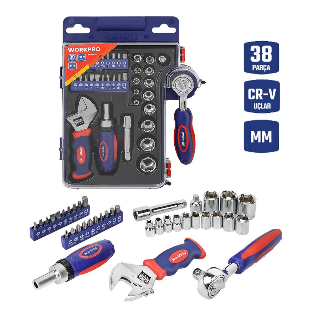 WORKPRO WP200555 1/4’’ 1/2’’ 38 Parça Cr-V Lokma ve Topaç Cırcır Araç Tamir Seti
