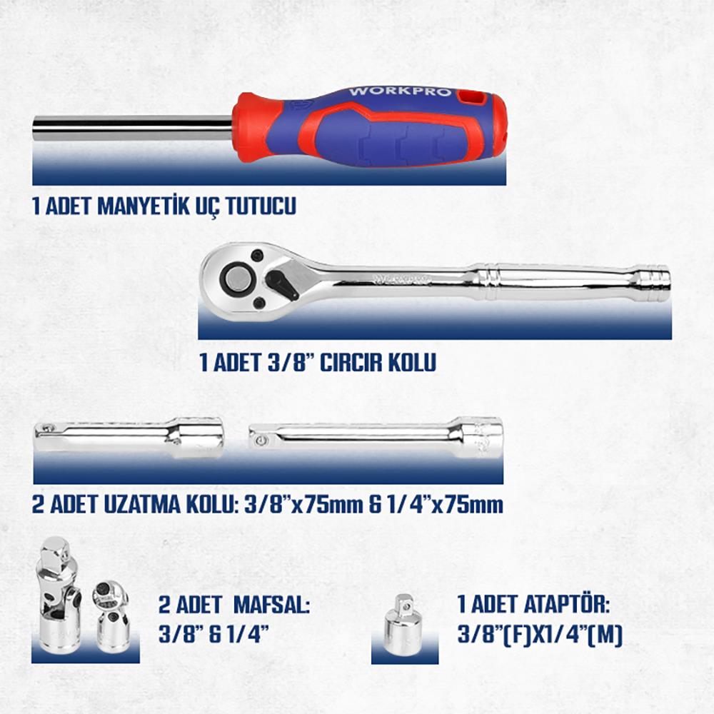 WORKPRO WP202524 1/4’’ 3/8’’ Metrik 75 Parça Cr-V Profesyonel Lokma Takımı