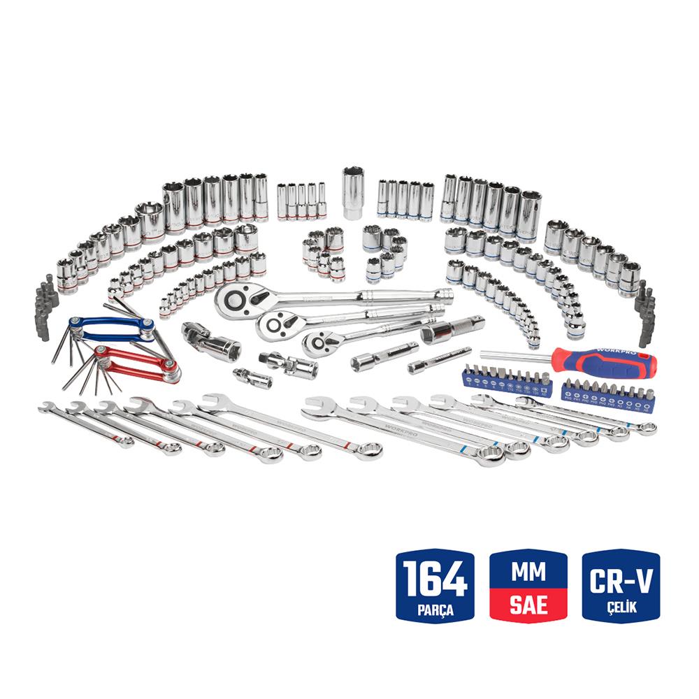 WORKPRO WP202530 1/4’’ 3/8’’ 1/2’’ Metrik/İnç 164 Parça Cr-V Ağır Hizmet Lokma ve Kombine Anahtar Takımı