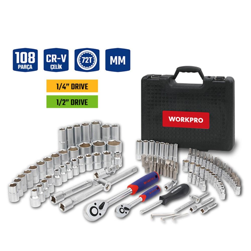 WORKPRO WP202535 1/4’’ 1/2’’ 108 Parça Cr-V Metrik Profesyonel Lokma Takımı