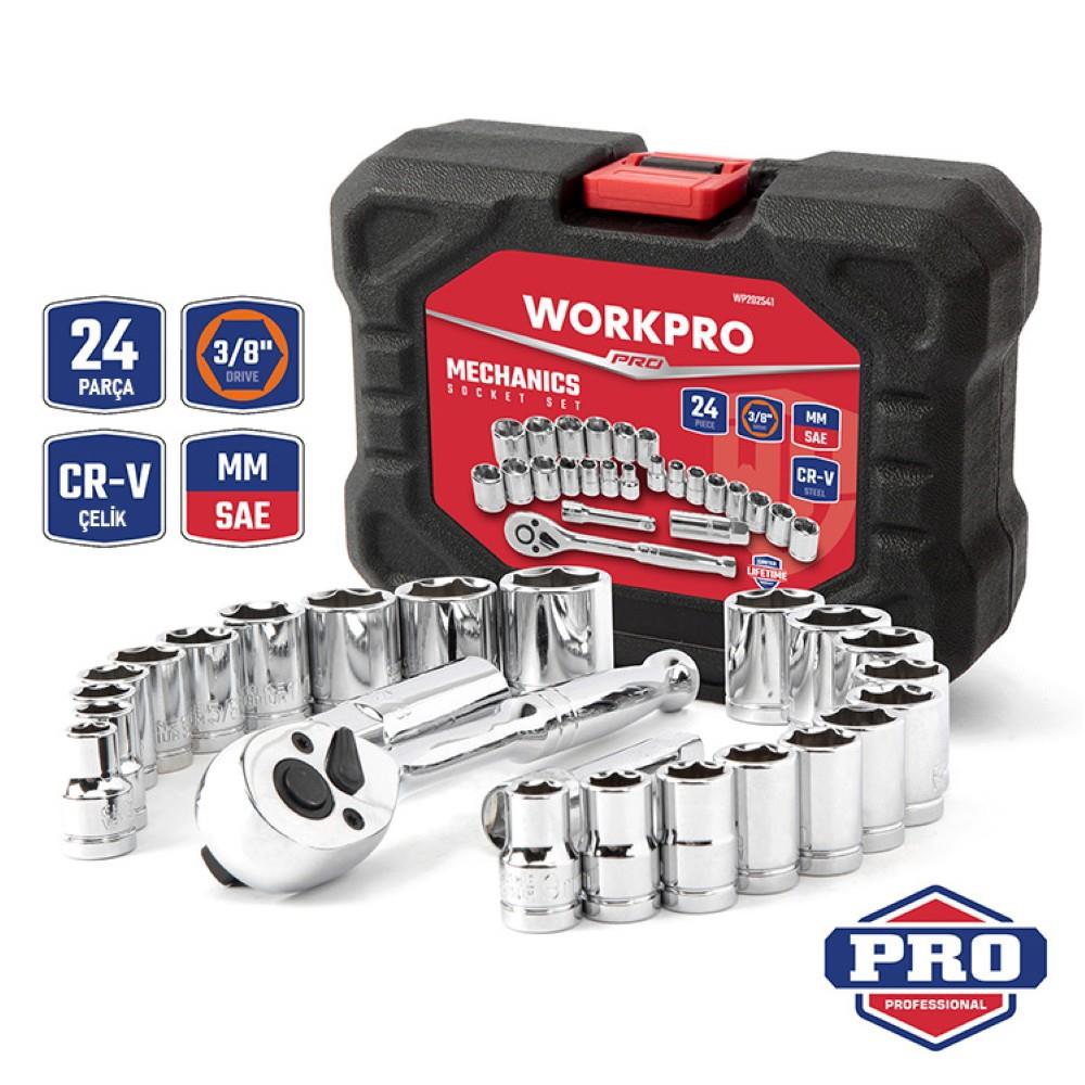 WORKPRO WP202541 3/8’’ CR-V 24 Parça Metrik/İnç Ağır Hizmet Lokma Takımı