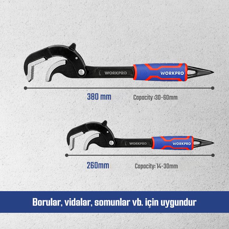 WORKPRO WP202574 2 Parça Otomatik Kilitlemeli Çok Fonksiyonlu Profesyonel Boru Anahtarı/ Levye Seti