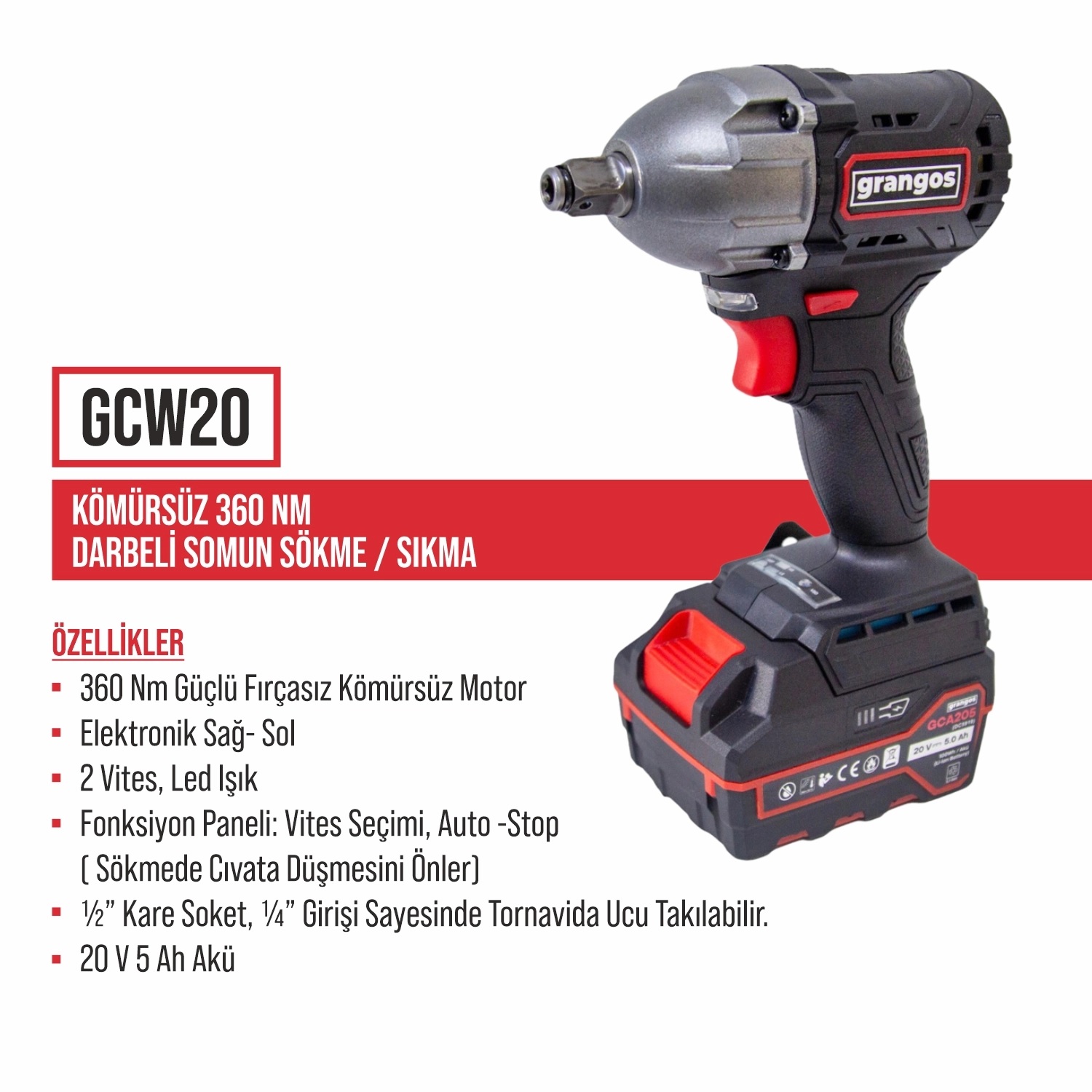 Grangos GCKIT204-F4 20V Kömürsüz Akülü Set – Darbeli Matkap, Somun Sıkma, Avuç Taşlama, Kırıcı Delici – 4×5.0Ah Akü, Hızlı Şarj, Çanta, Aksesuar Hediyeli